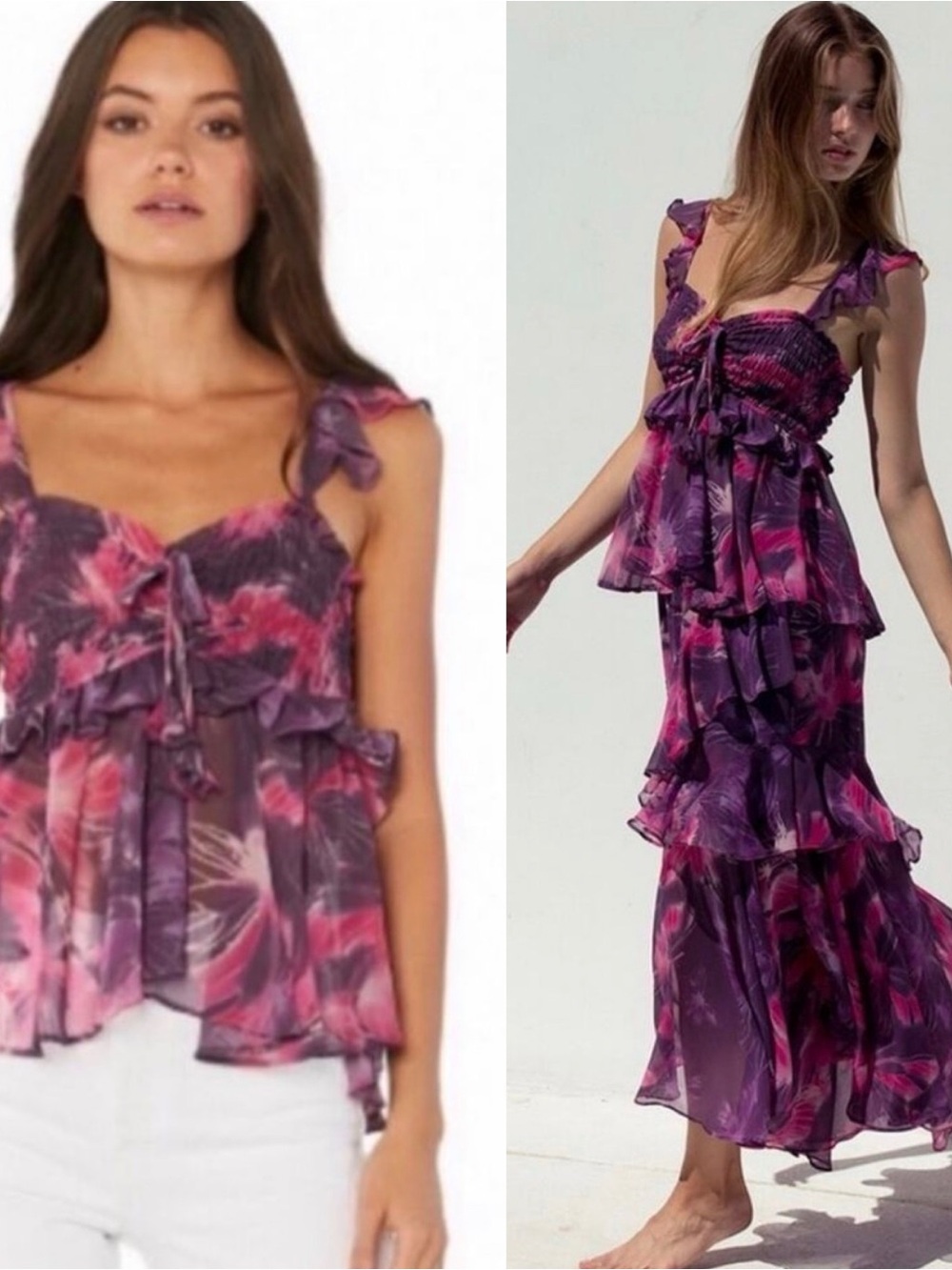 Misa Los Angeles Merlya Purple & Pink Floral Ruffle Silk Blouse S